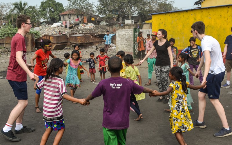 Some of the group around our Tangra centre where they spent the morning with our students on a festival of Saraswati Puja, the Hindu God of education and learning.